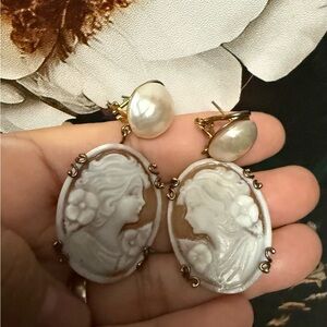 Cameo Pearl Drop Earrings in gold plated or brass vintage Italy,EUC